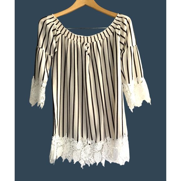 MUCHE MUCHETTE- WOMENS WHITE/BLACK STRIPPED OFF THE SHOULDER TOP SIZE XS-S -NWOT - Picture 2 of 7